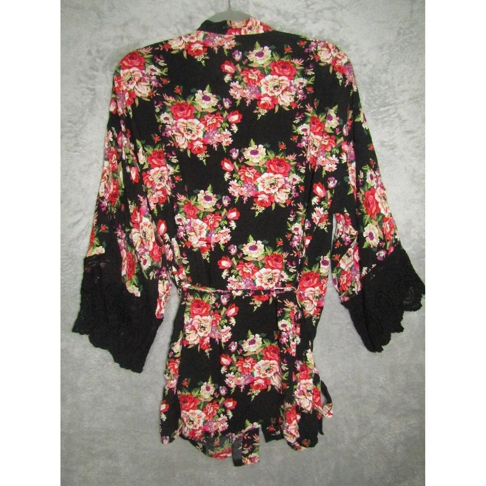 VTG 90s Black‎ Floral Kimono Robe Lace Trim Tie Front Boho Cover Up